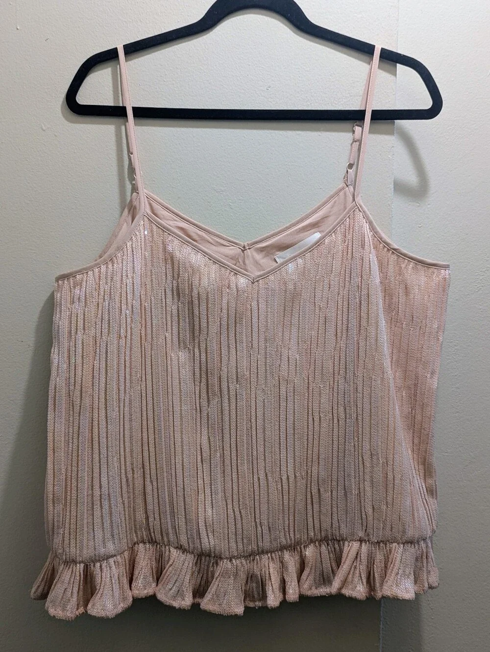 Anthropologie Amelie Sequin Shimmery Blush Pleated Ruffle Spaghetti Cami Top- 10 - Picture 4 of 14